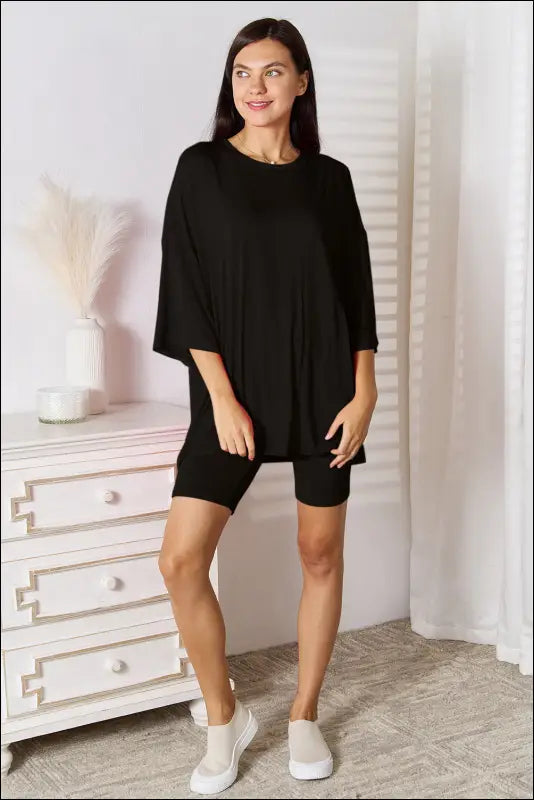 Basic Bae Full Size Soft Rayon Three-Quarter Sleeve Top and Shorts Set - Black / S