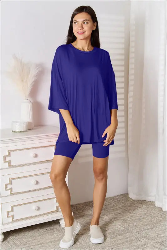 Basic Bae Full Size Soft Rayon Three-Quarter Sleeve Top and Shorts Set - Blue / S