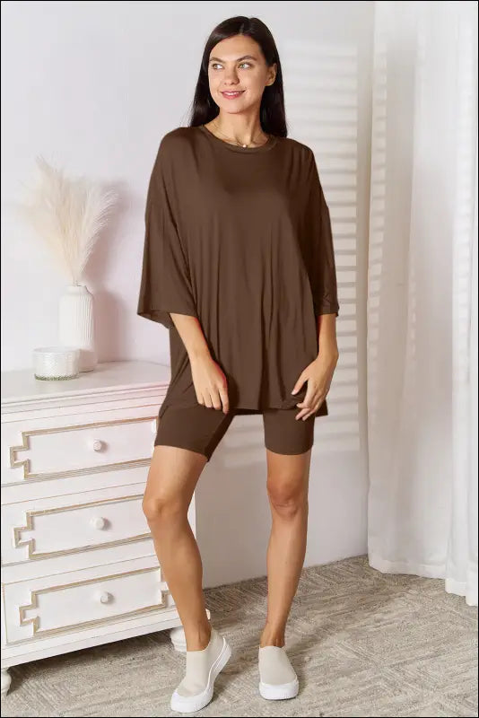 Basic Bae Full Size Soft Rayon Three-Quarter Sleeve Top and Shorts Set - Chocolate / S