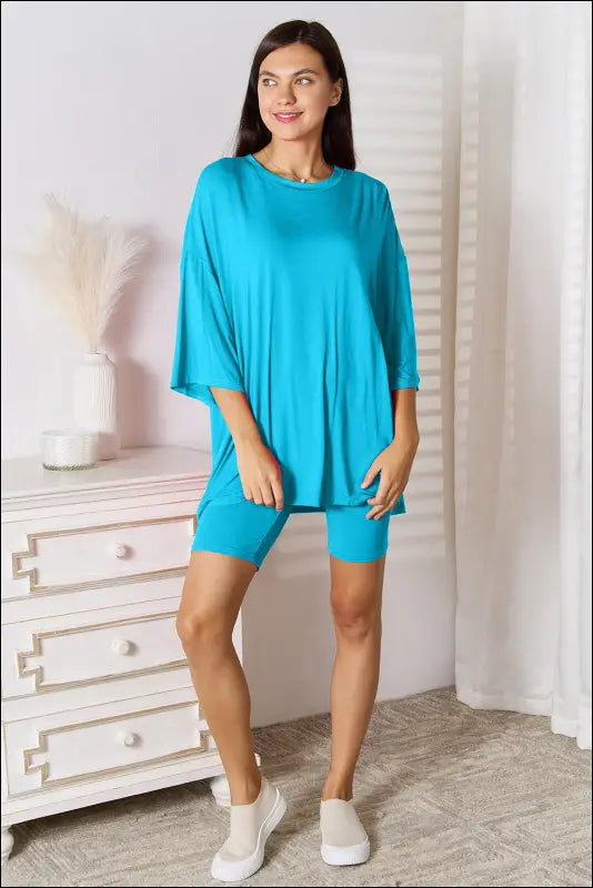 Basic Bae Full Size Soft Rayon Three-Quarter Sleeve Top and Shorts Set - Sky Blue / S