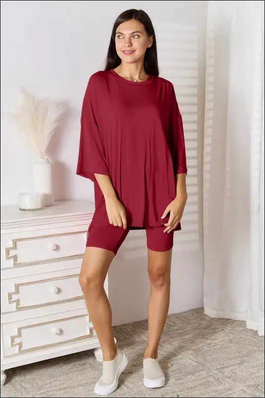 Basic Bae Full Size Soft Rayon Three-Quarter Sleeve Top and Shorts Set - Deep Red / S