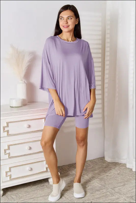 Basic Bae Full Size Soft Rayon Three-Quarter Sleeve Top and Shorts Set - Lavender / S