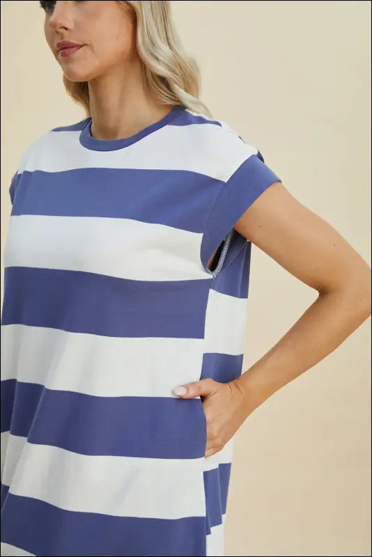 Basic Bae Full Size Striped Round Neck Cap Sleeve Mini Dress