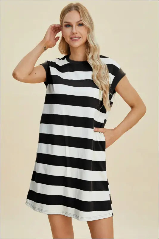 Basic Bae Full Size Striped Round Neck Cap Sleeve Mini Dress - Black / S