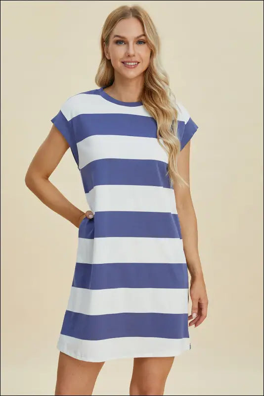 Basic Bae Full Size Striped Round Neck Cap Sleeve Mini Dress - Dusty Blue / S