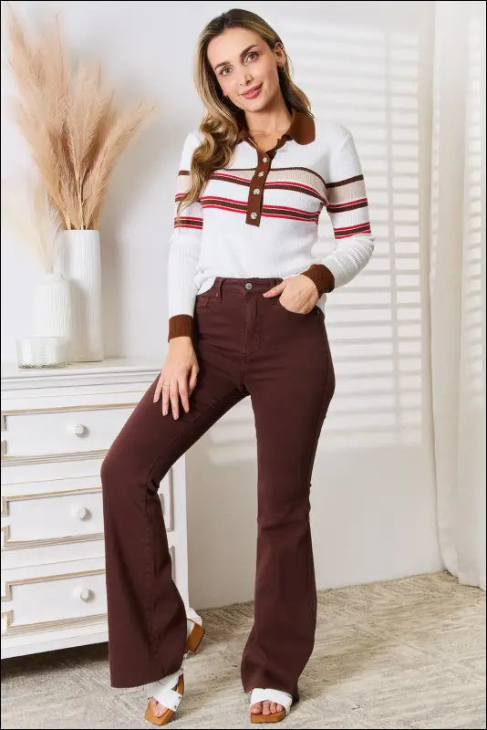 Basic Bae Striped Collared Neck Rib-Knit Top