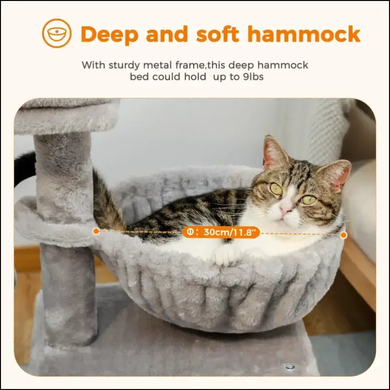 Cat Tree Tower for Indoor Cats with Scratching Posts Big Hammock & Removable Perch – 2 Styles Grey Activity - tree