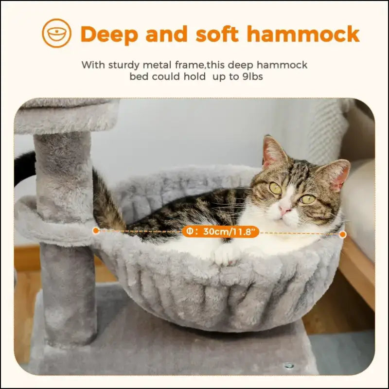 Cat Tree Tower for Indoor Cats with Scratching Posts Big Hammock & Removable Perch – 2 Styles Grey Activity - tree