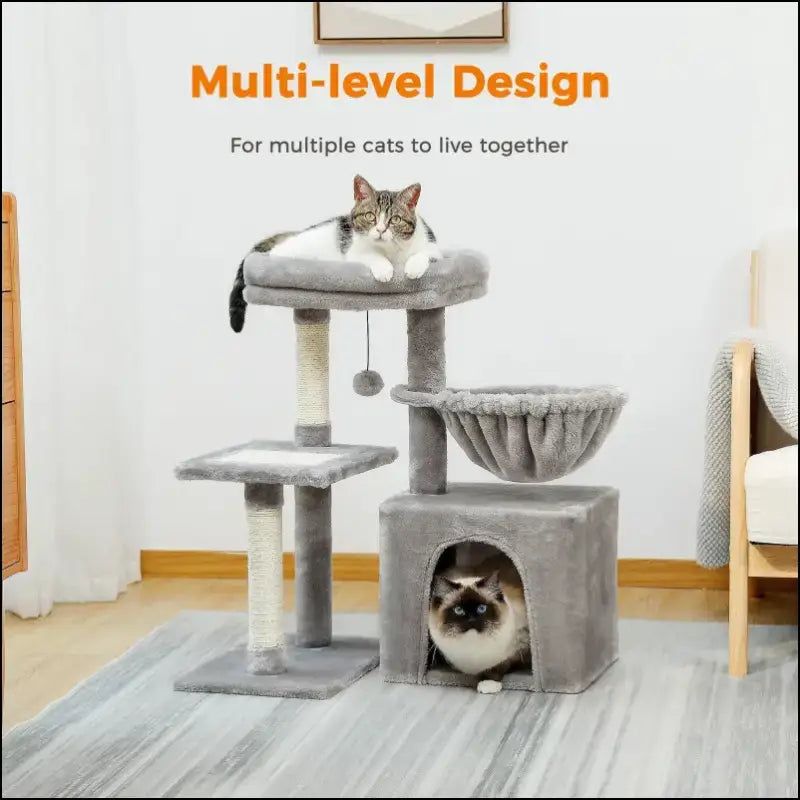 Cat Tree Tower for Indoor Cats with Scratching Posts Big Hammock & Removable Perch – 2 Styles Grey Activity - tree