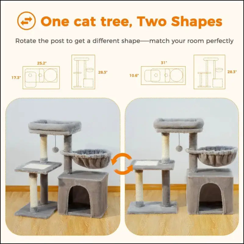 Cat Tree Tower for Indoor Cats with Scratching Posts Big Hammock & Removable Perch – 2 Styles Grey Activity - tree