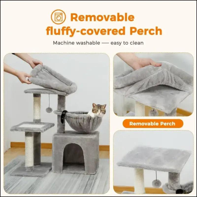 Cat Tree Tower for Indoor Cats with Scratching Posts Big Hammock & Removable Perch – 2 Styles Grey Activity - tree