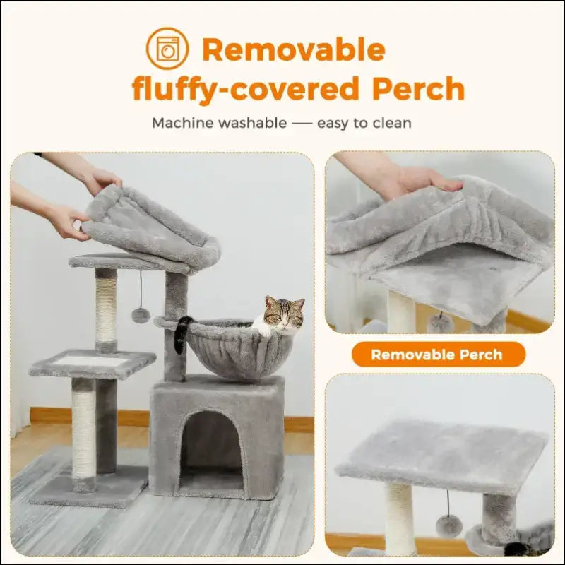 Cat Tree Tower for Indoor Cats with Scratching Posts Big Hammock & Removable Perch – 2 Styles Grey Activity - tree