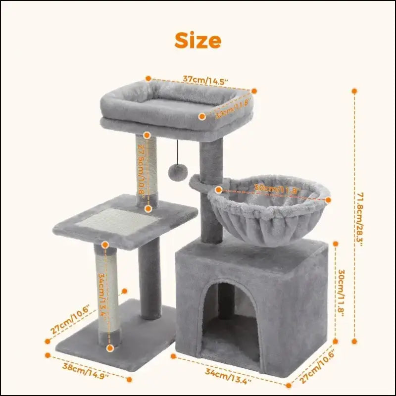 Cat Tree Tower for Indoor Cats with Scratching Posts Big Hammock & Removable Perch – 2 Styles Grey Activity - tree