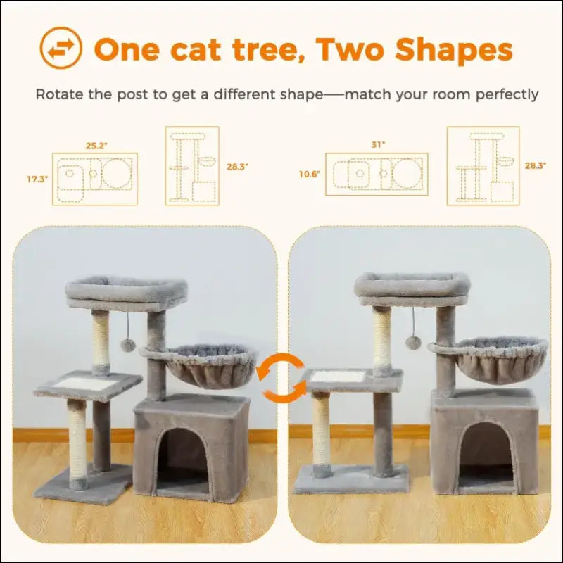 Cat Tree Tower for Indoor Cats with Scratching Posts Big Hammock & Removable Perch – 2 Styles Grey Activity - tree