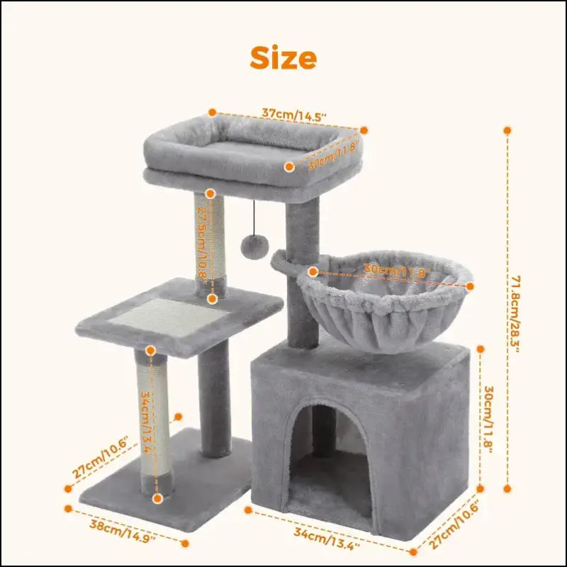 Cat Tree Tower for Indoor Cats with Scratching Posts Big Hammock & Removable Perch – 2 Styles Grey Activity - tree
