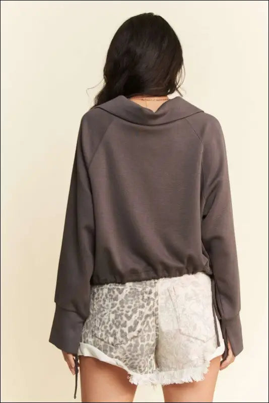 Davi & Dani Drawstring Hem Half Zip Raglan Sleeve Sweatshirt