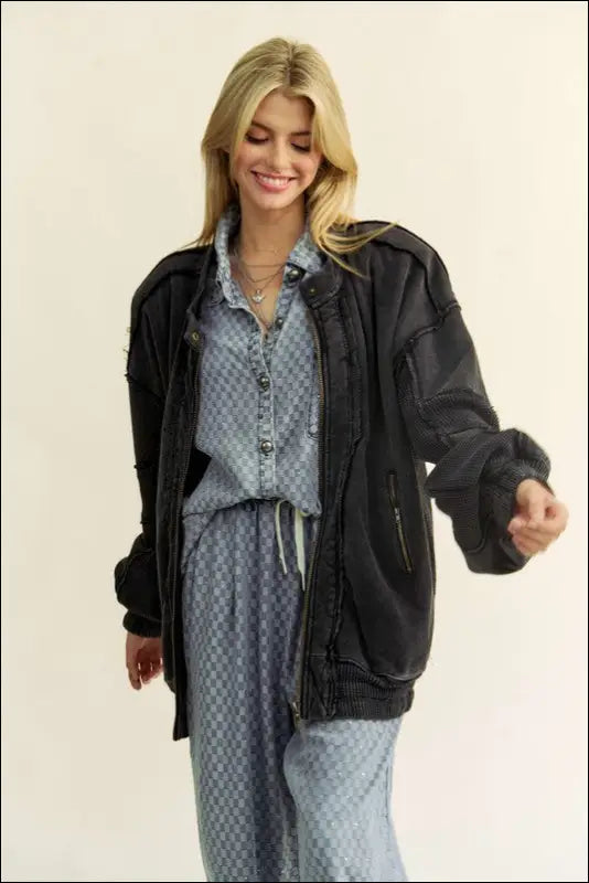 Davi & Dani Exposed Seam Zip Up Dropped Shoulder Jacket