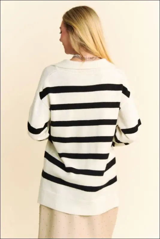 Davi & Dani High-Low Side Slit Striped Johnny Collar Sweater