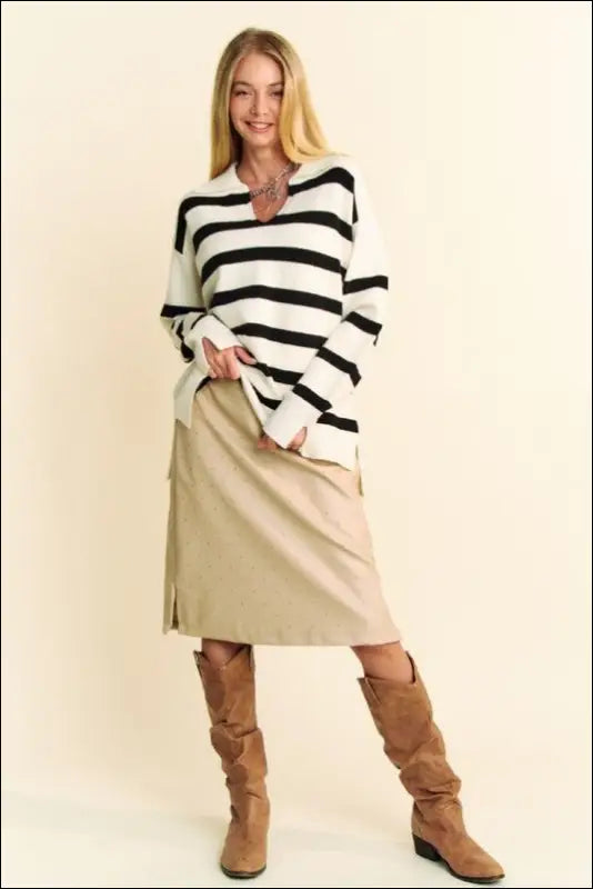 Davi & Dani High-Low Side Slit Striped Johnny Collar Sweater