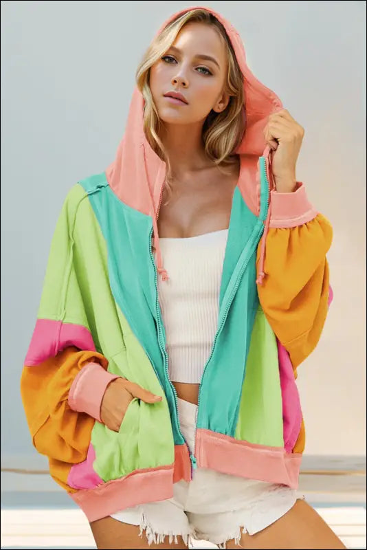 Double Take Full Size Color Block Zip Up Hoodie - Tiffany Blue / S