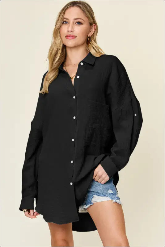 Double Take Full Size Pocketed Texture Button Up Shirt