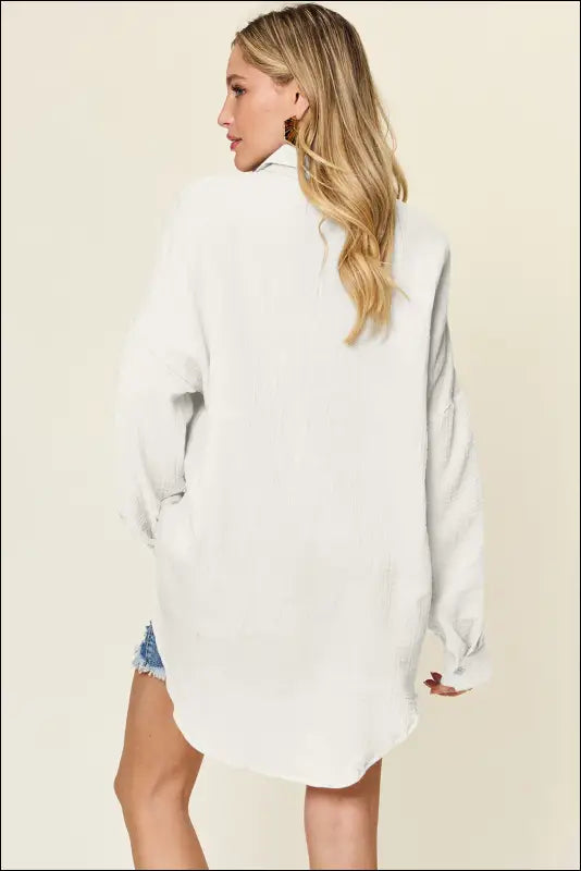 Double Take Full Size Pocketed Texture Button Up Shirt