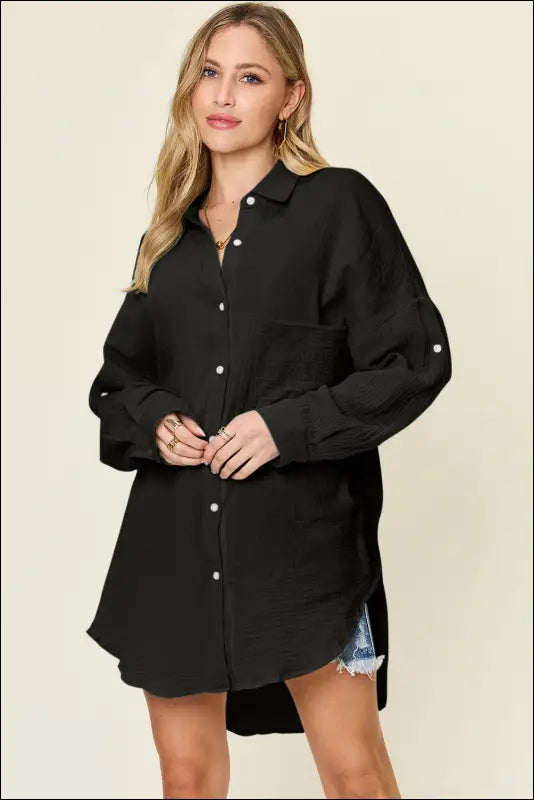 Double Take Full Size Pocketed Texture Button Up Shirt - Black / S