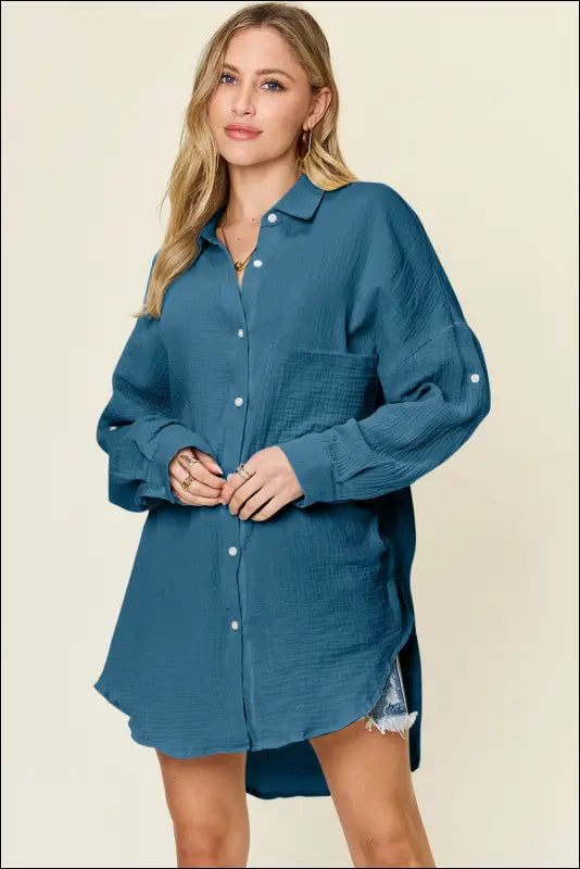 Double Take Full Size Pocketed Texture Button Up Shirt - Dark Blue / S