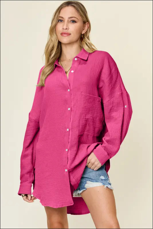 Double Take Full Size Pocketed Texture Button Up Shirt - Hot Pink / S