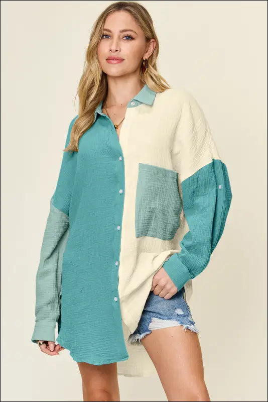 Double Take Full Size Pocketed Texture Button Up Shirt - Teal / S