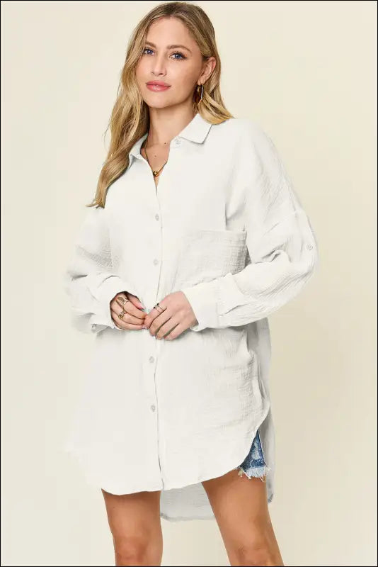 Double Take Full Size Pocketed Texture Button Up Shirt - White / S