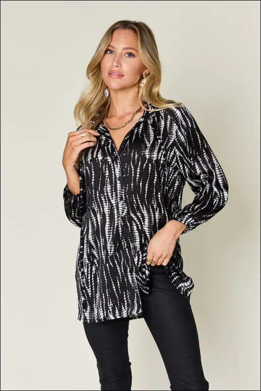 Double Take Full Size Printed Button Up Long Sleeve Shirt - Black / S