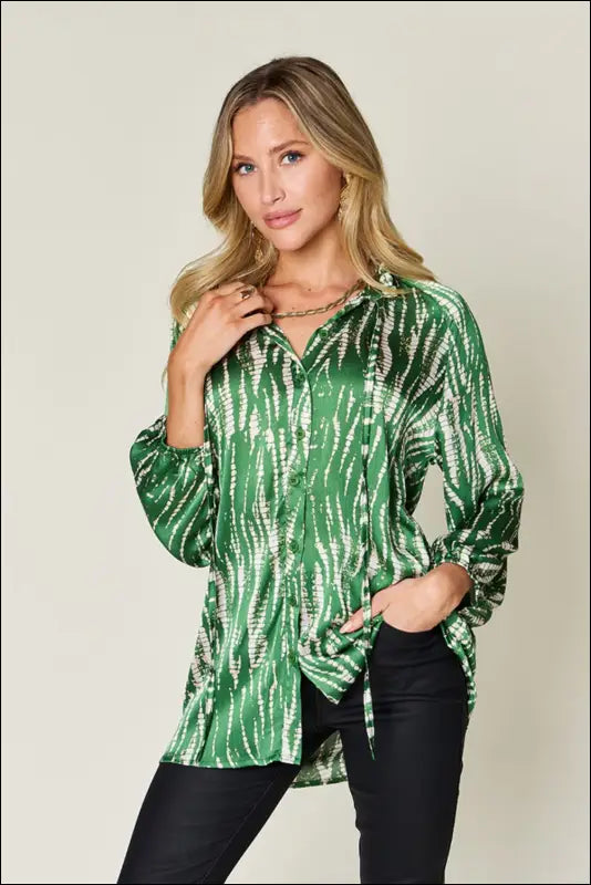 Double Take Full Size Printed Button Up Long Sleeve Shirt - Dark Green / S