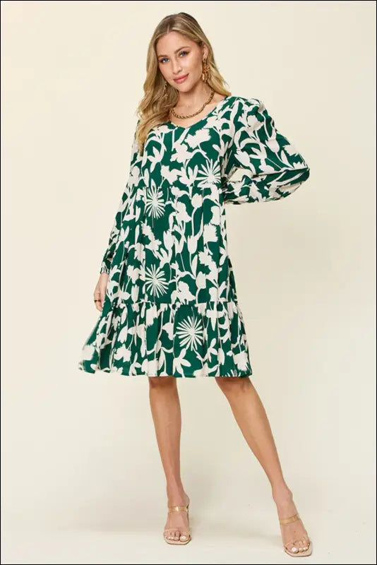 Double Take Full Size Printed Ruffle Hem Dress with Pocket