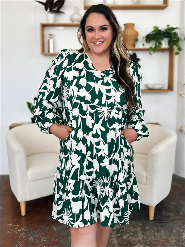 Double Take Full Size Printed Ruffle Hem Dress with Pocket