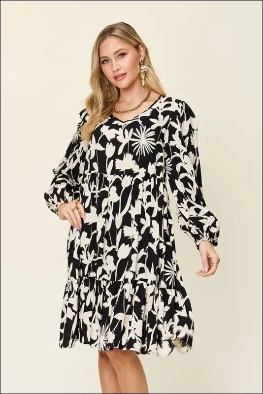 Double Take Full Size Printed Ruffle Hem Dress with Pocket - Black / S
