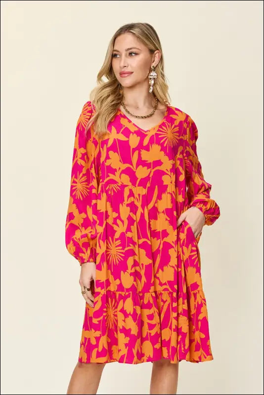 Double Take Full Size Printed Ruffle Hem Dress with Pocket - Hot Pink / S