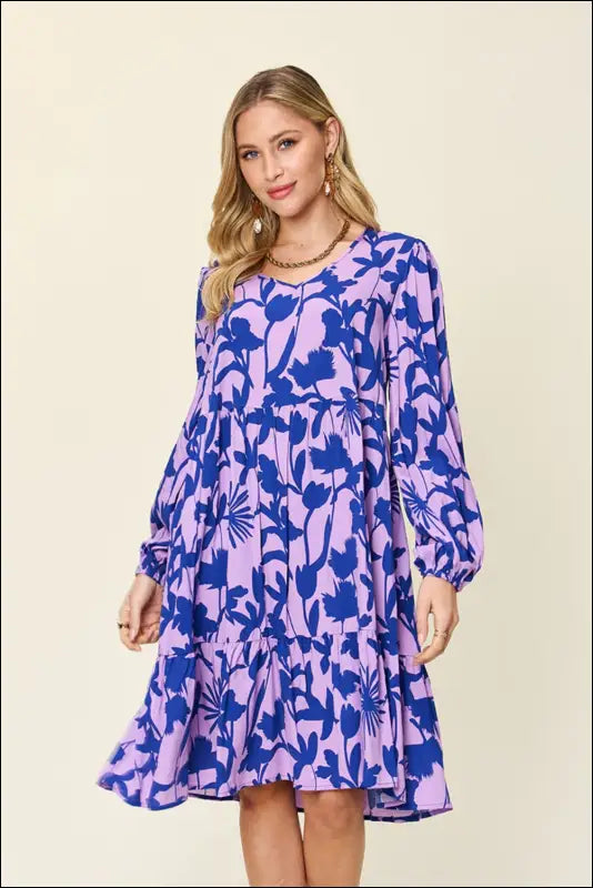 Double Take Full Size Printed Ruffle Hem Dress with Pocket - Lavender / S
