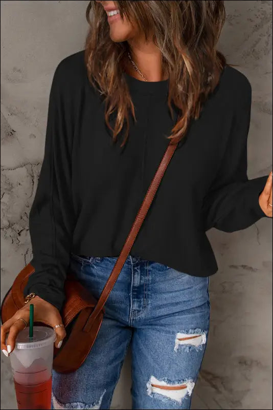Double Take Full Size Round Neck Long Sleeve T-Shirt - Black / S