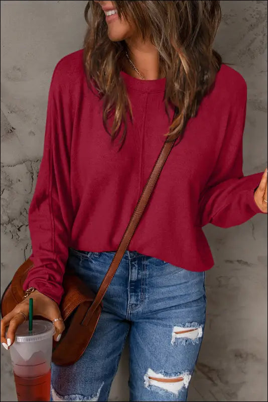 Double Take Full Size Round Neck Long Sleeve T-Shirt - Deep Red / S