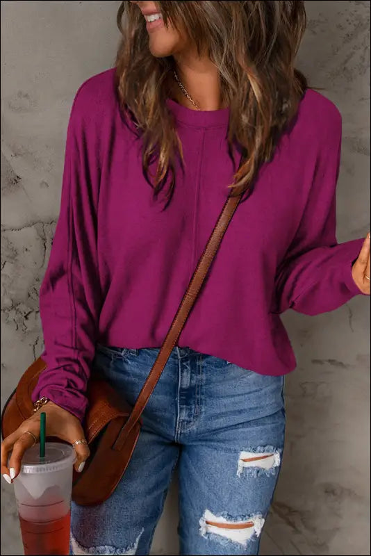 Double Take Full Size Round Neck Long Sleeve T-Shirt - Magenta / S