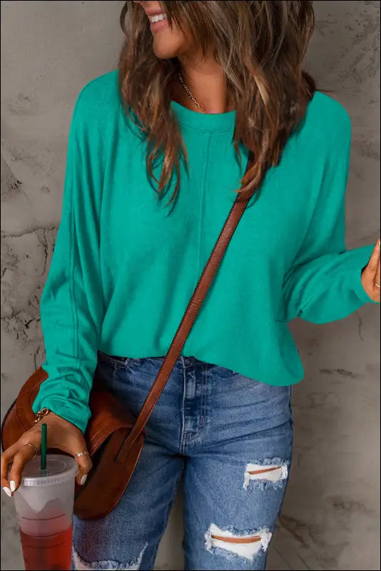 Double Take Full Size Round Neck Long Sleeve T-Shirt - Turquoise / S
