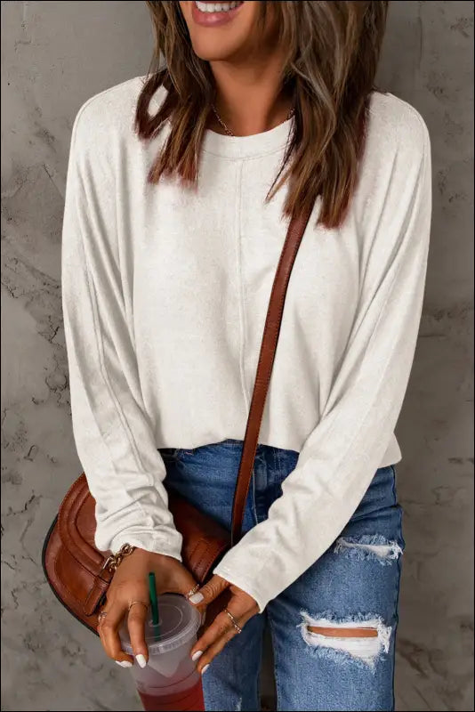 Double Take Full Size Round Neck Long Sleeve T-Shirt - White / S