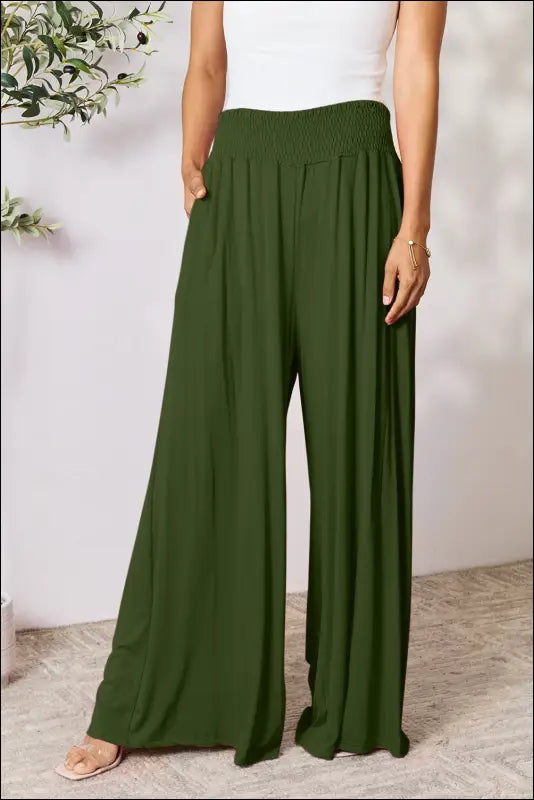 Double Take Full Size Smocked Wide Waistband Leg Pants - Army Green / S