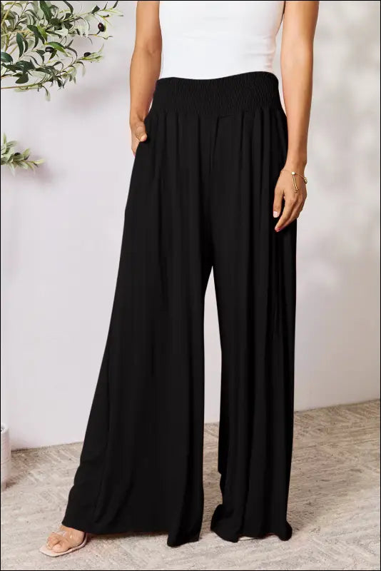 Double Take Full Size Smocked Wide Waistband Leg Pants - Black / S