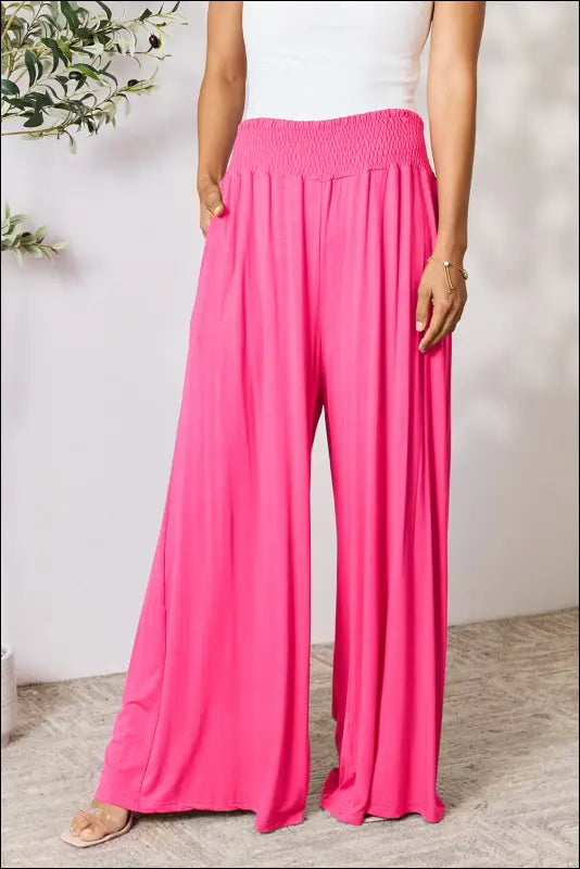 Double Take Full Size Smocked Wide Waistband Leg Pants - Hot Pink / S