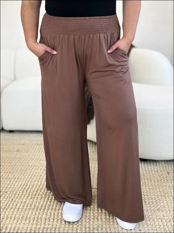 Double Take Full Size Smocked Wide Waistband Leg Pants - Mocha / S