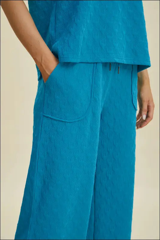 Double Take Full Size Texture Drawstring Short Sleeve Hoodie and Pocketed Pants Set