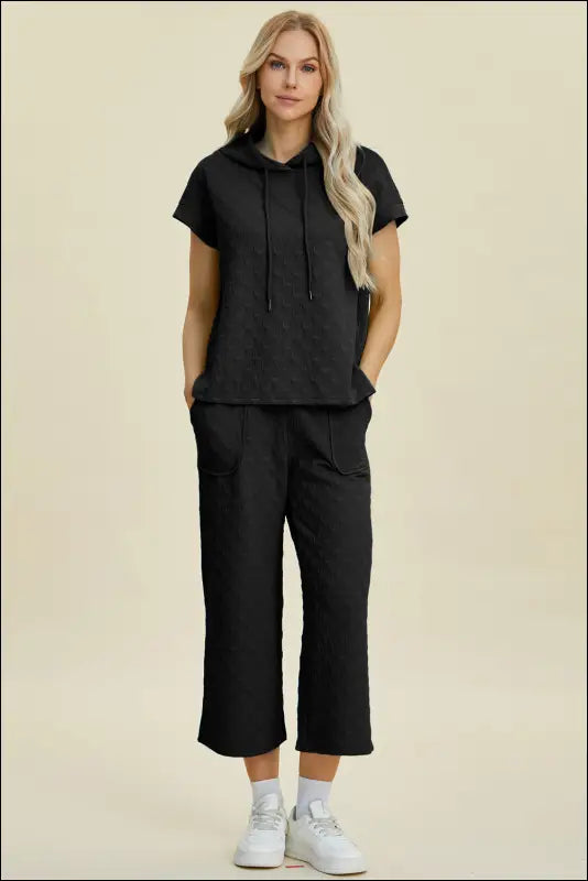 Double Take Full Size Texture Drawstring Short Sleeve Hoodie and Pocketed Pants Set - Black / S