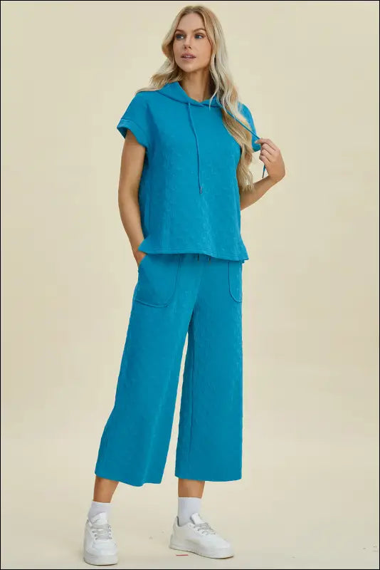 Double Take Full Size Texture Drawstring Short Sleeve Hoodie and Pocketed Pants Set